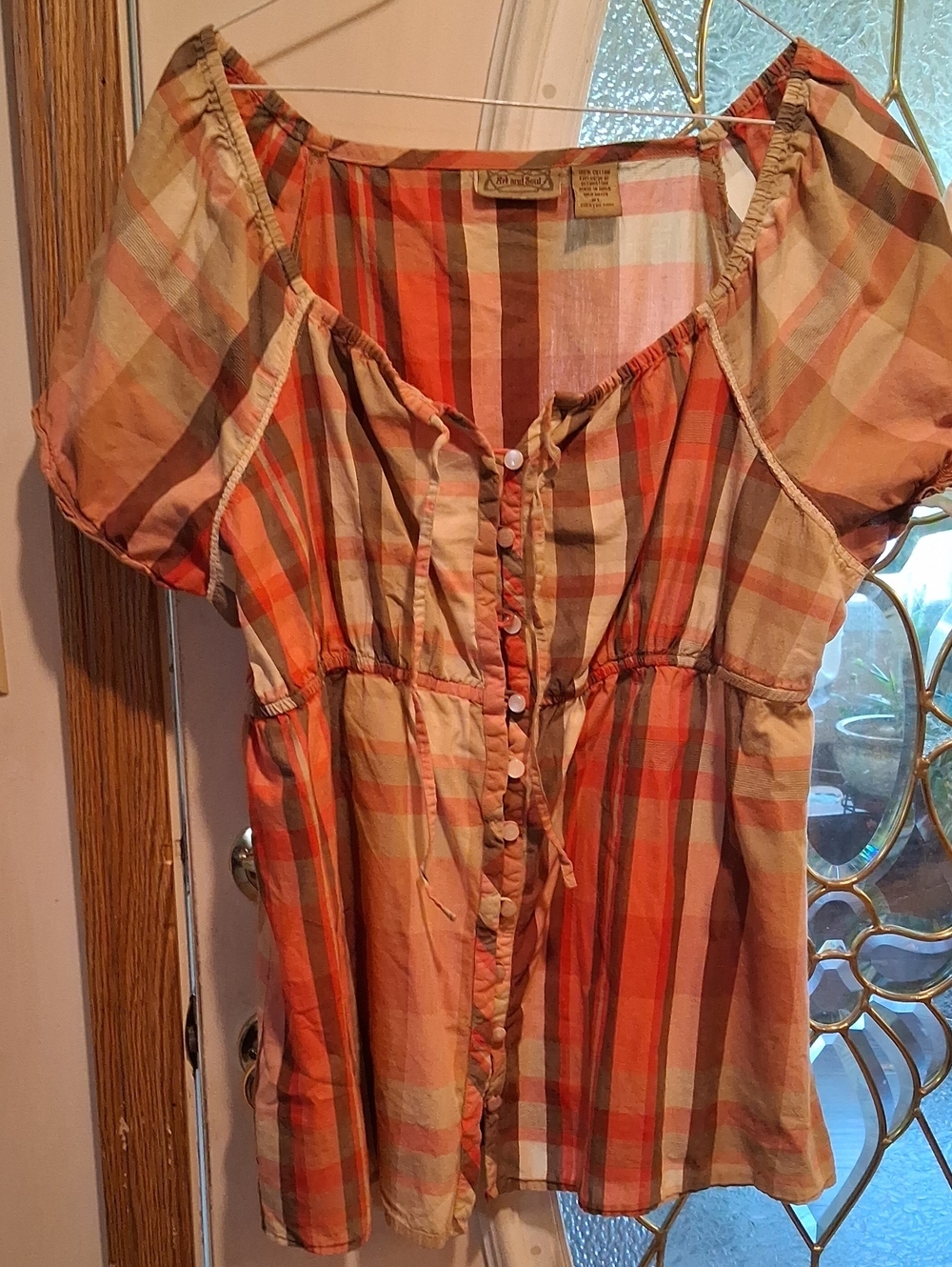 Art And Soul Orange and Tan Plaid Button-Front Peasant Top